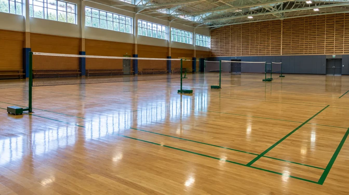 School hall with several badminton courts marked on a timber floor