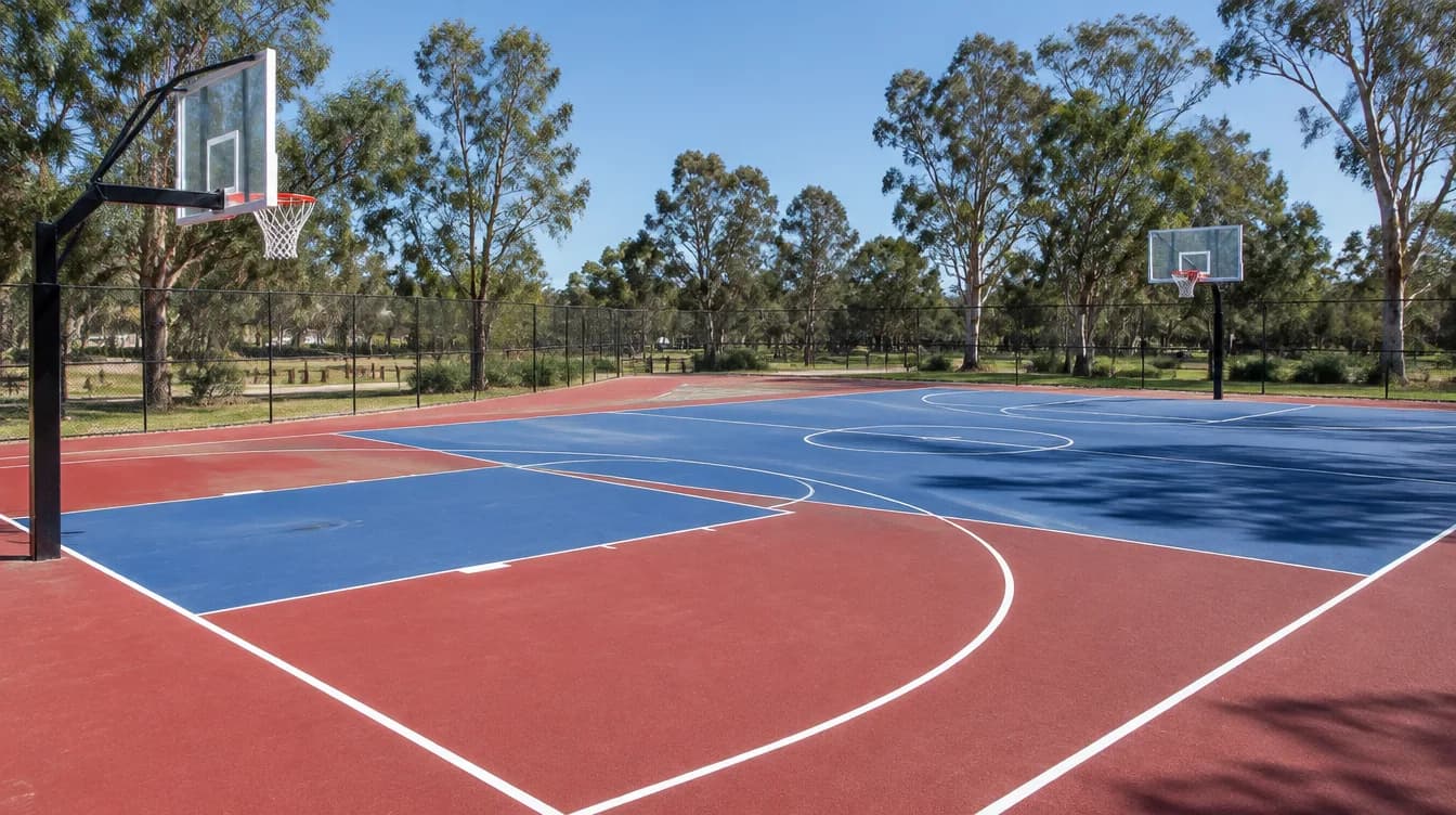 Full outdoor basketball court with hoops at both ends and white court lines