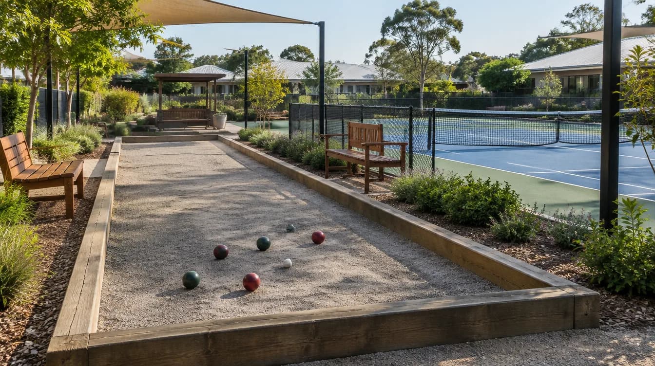 Bocce court with timber side boards at a retirement village