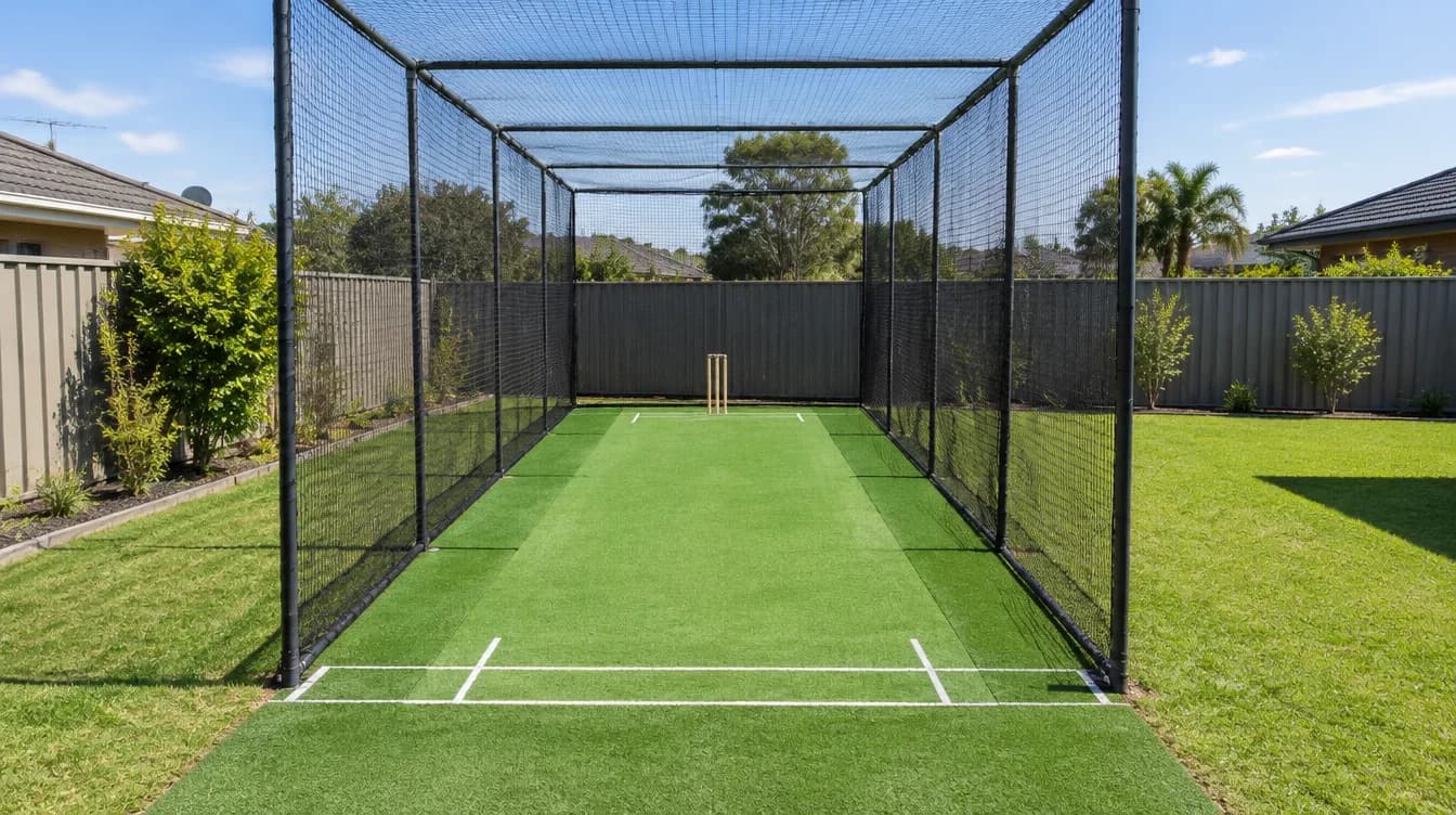 Backyard cricket net with a green synthetic pitch, steel frame and black netting on the sides and roof