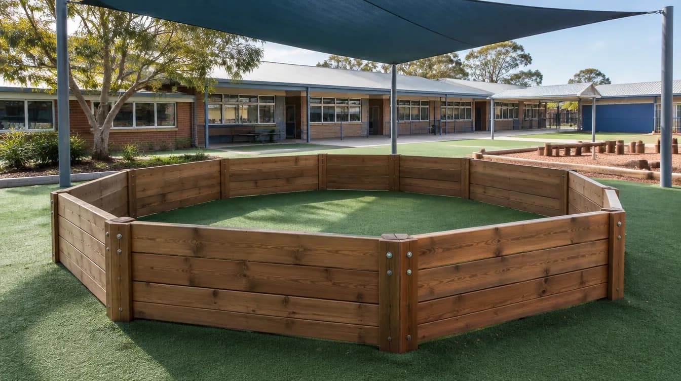 Octagonal timber gaga pit in a school playground
