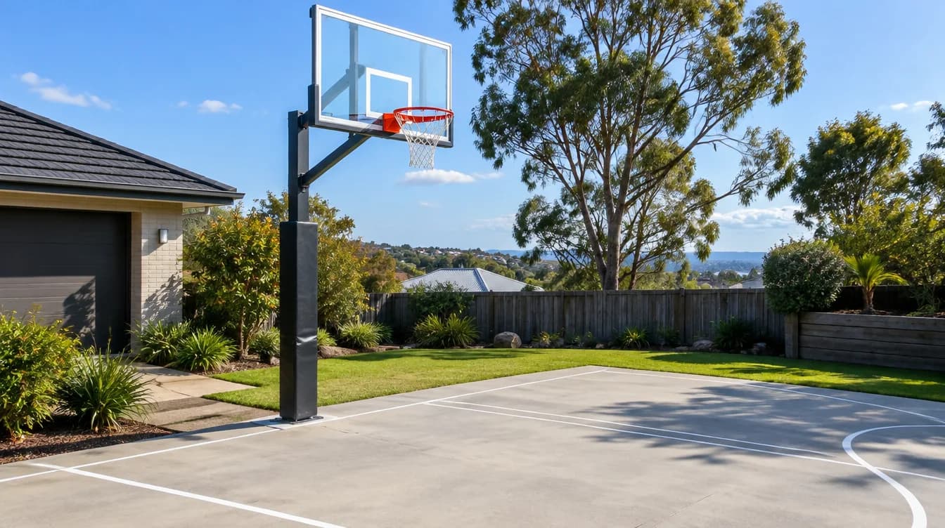 In-ground basketball hoop with a glass backboard on a concrete backyard half court beside a garage