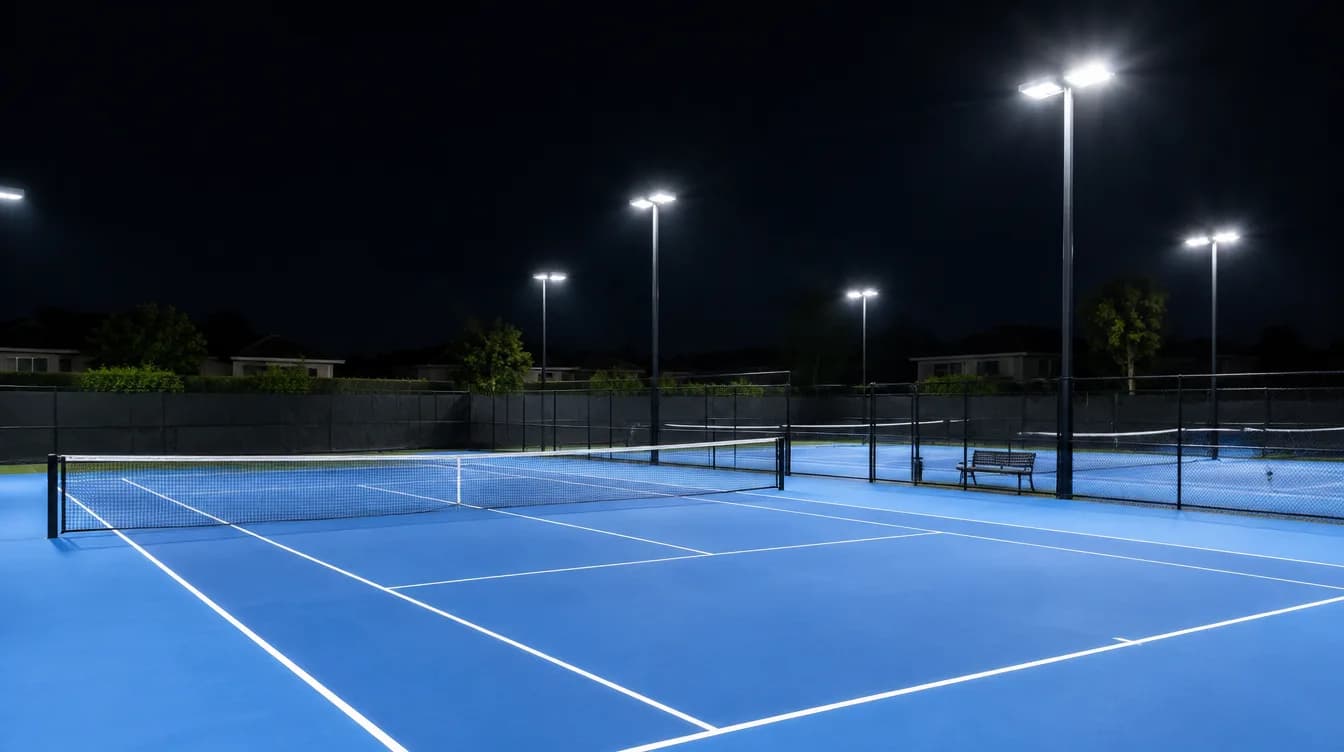 Blue acrylic tennis courts lit at night by LED floodlights on tall poles, with chain-wire fencing