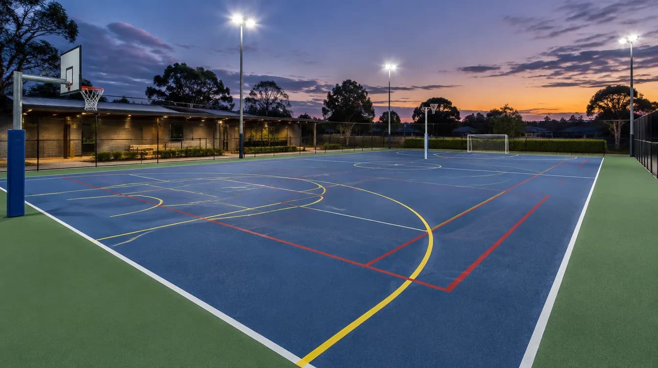 Outdoor multi-sport court with painted lines under floodlights at night