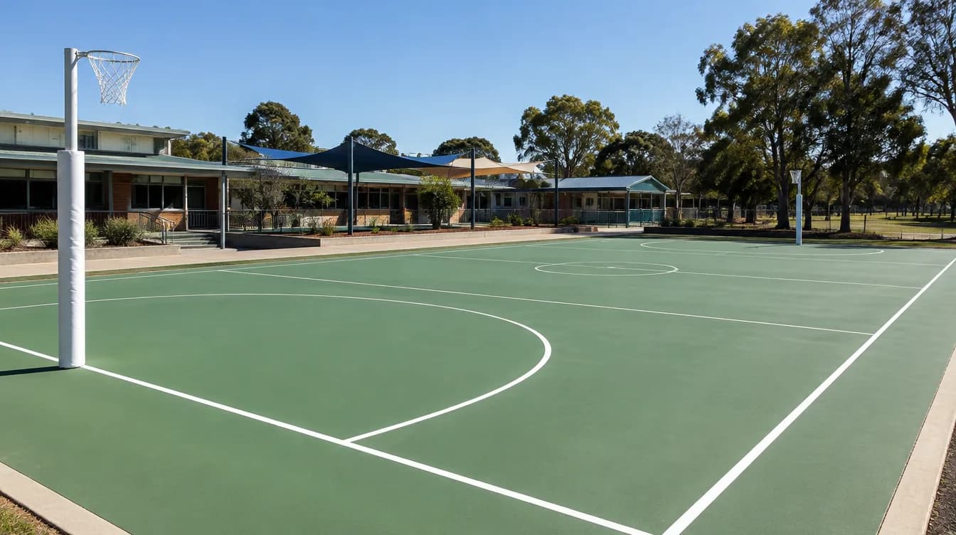 Outdoor school netball court with painted lines and goal posts