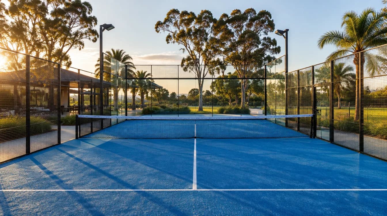 Outdoor padel court with glass walls, steel mesh sides and blue synthetic grass