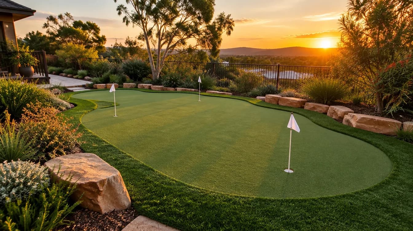 Backyard synthetic putting green with a flag, cups and a fringe of artificial grass beside a garden