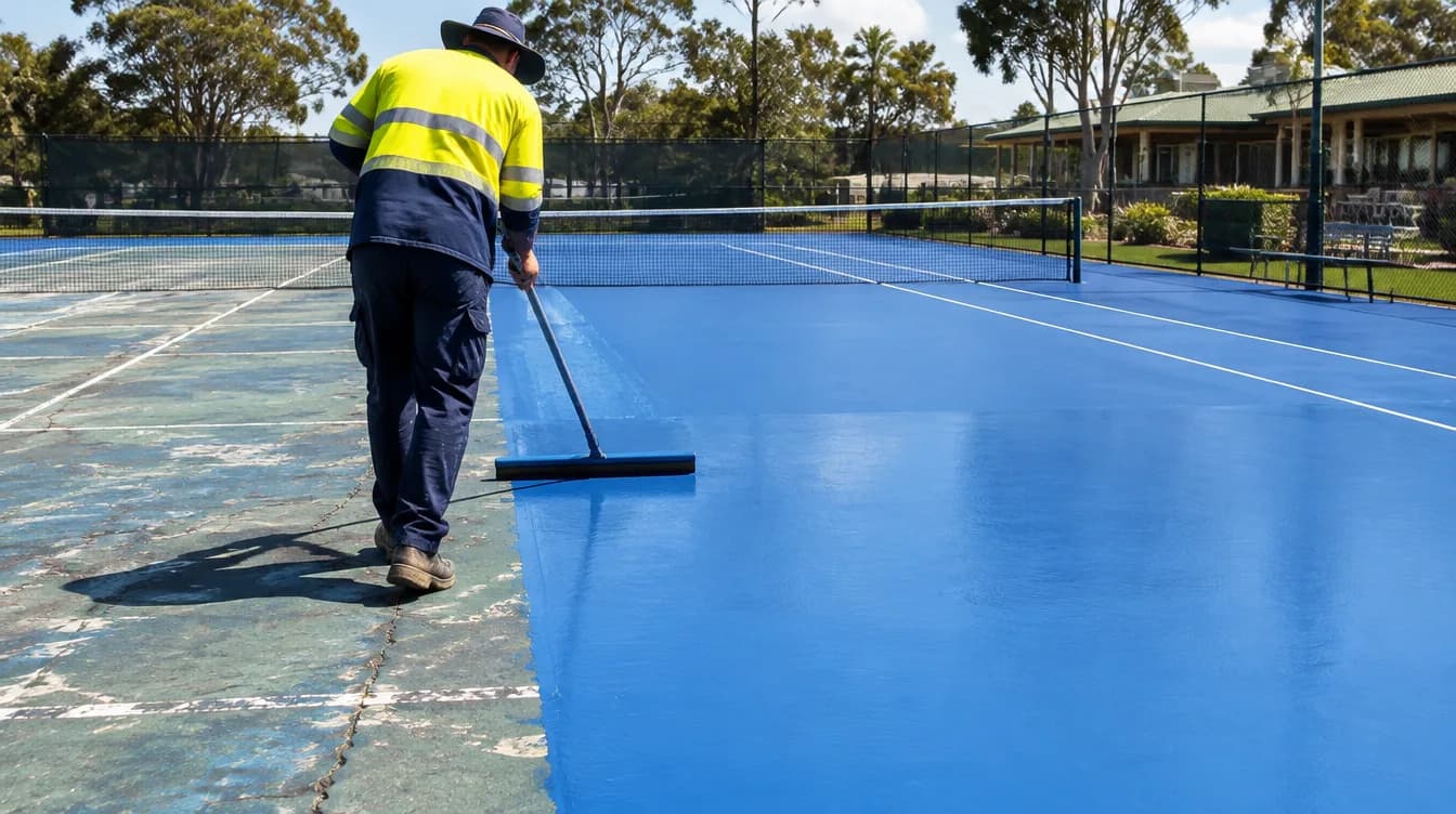 Worker in hi-vis spreading fresh blue acrylic coating with a squeegee over a worn, cracked tennis court