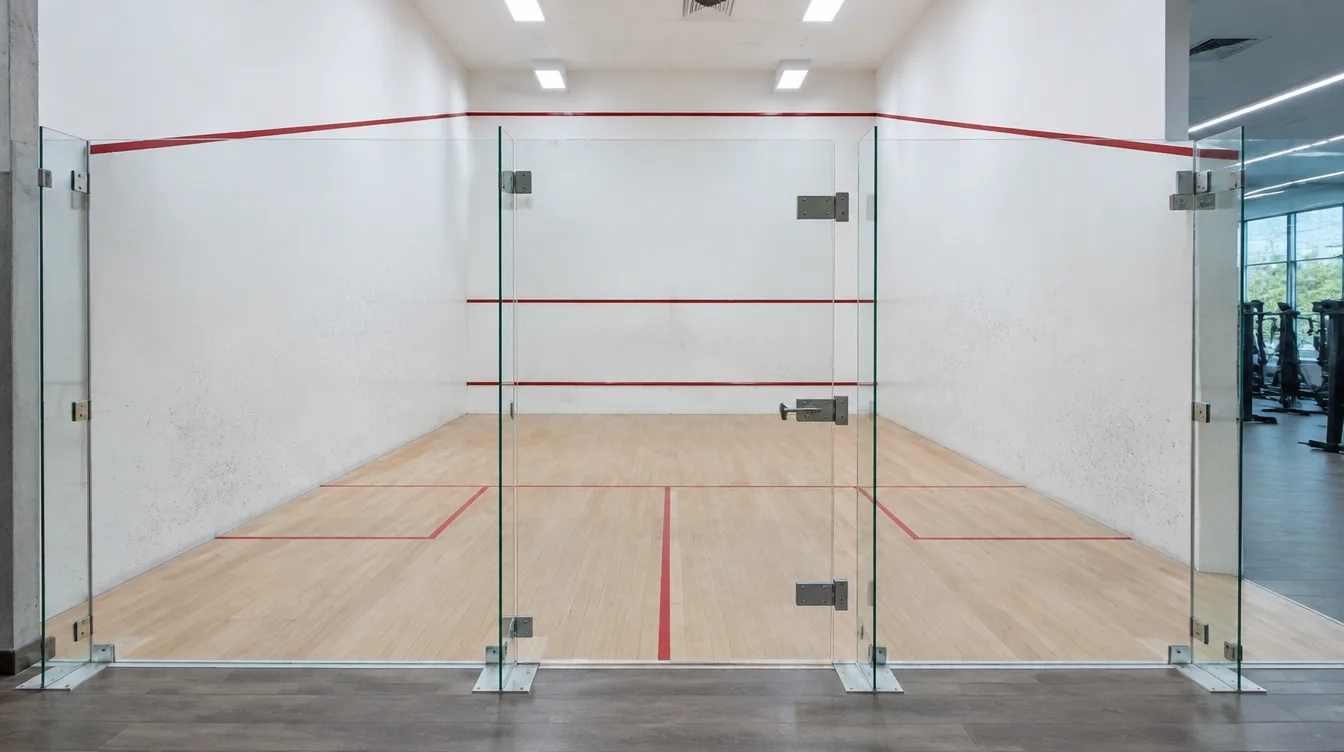 Indoor squash court with white walls, a glass back wall and a timber floor