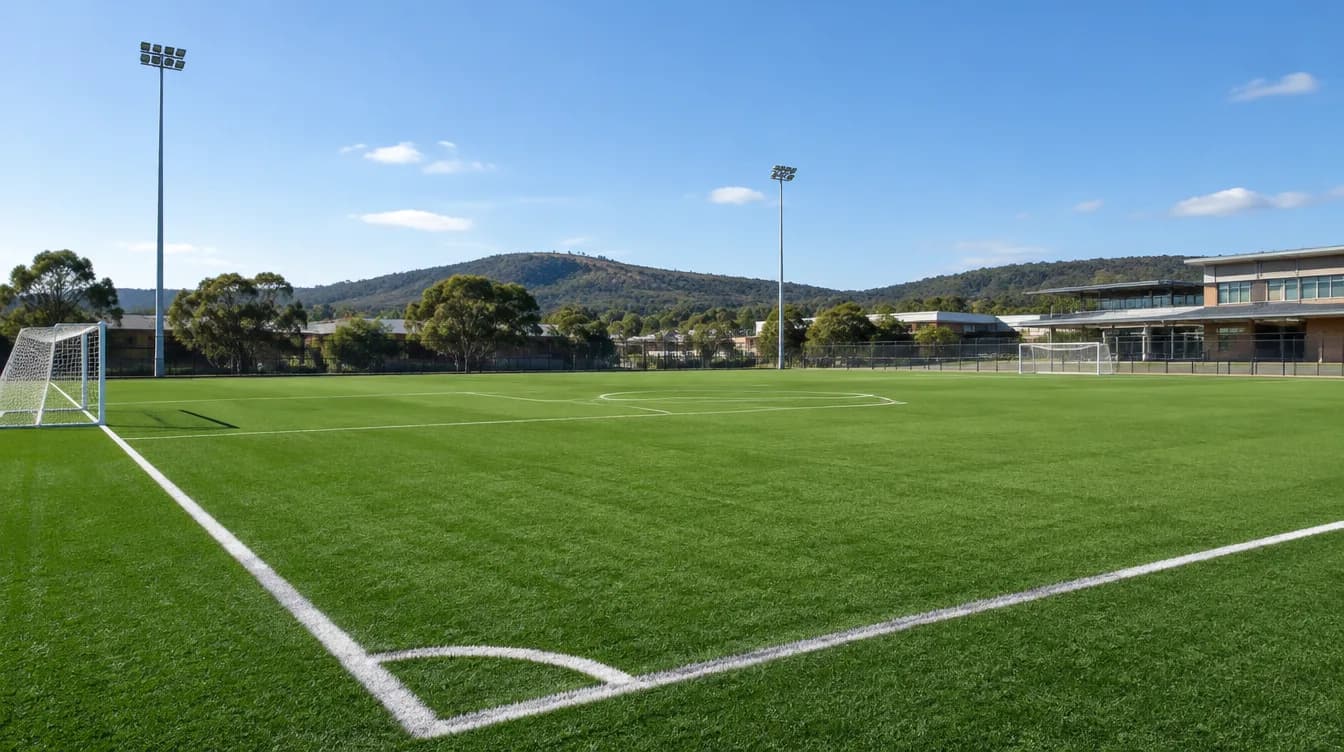School synthetic soccer field with white inlaid lines and goals
