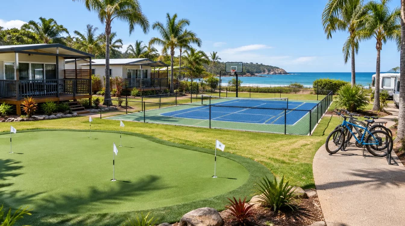 Fenced multi-sport court beside cabins and trees at a caravan park