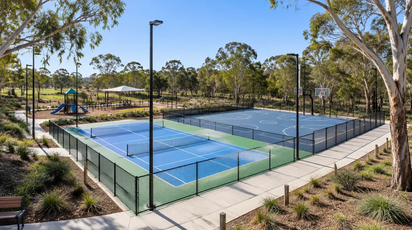 Council park with public pickleball courts and a basketball court beside a path and trees