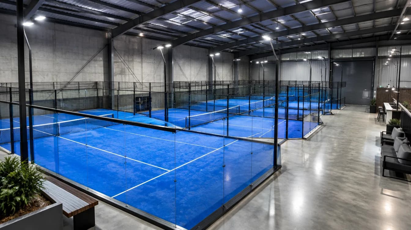Indoor padel centre with several blue padel courts inside glass enclosures under a steel-framed warehouse roof