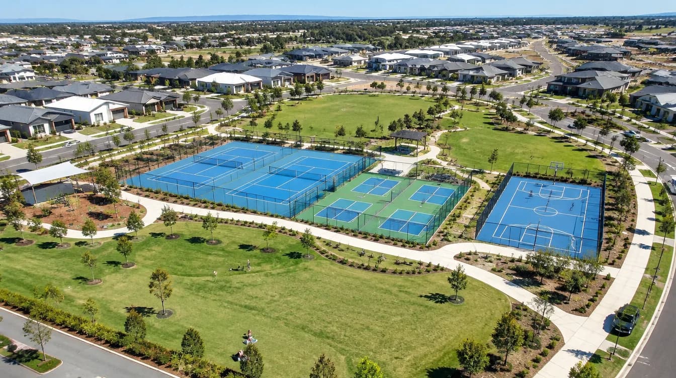Aerial view of a new housing estate sports precinct with several courts and paths