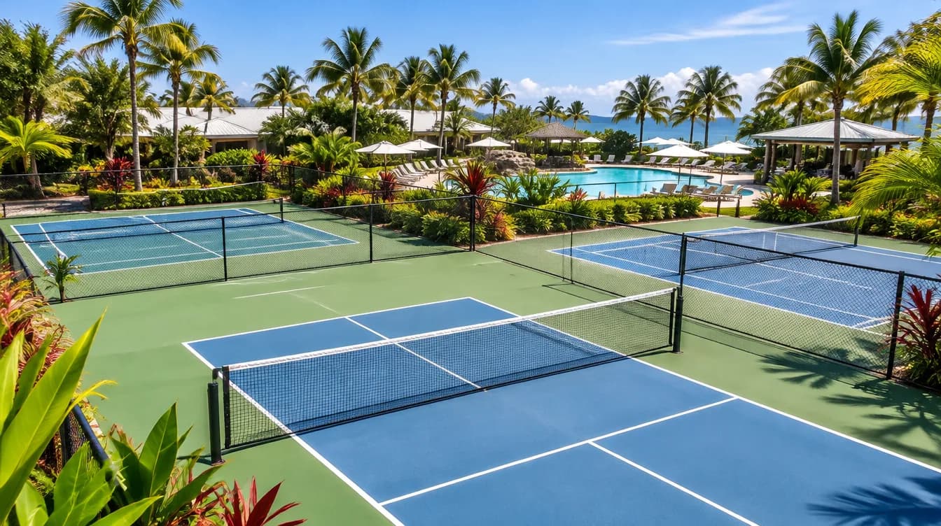 Blue pickleball and tennis courts with green surrounds at a tropical resort, beside palm trees and a swimming pool