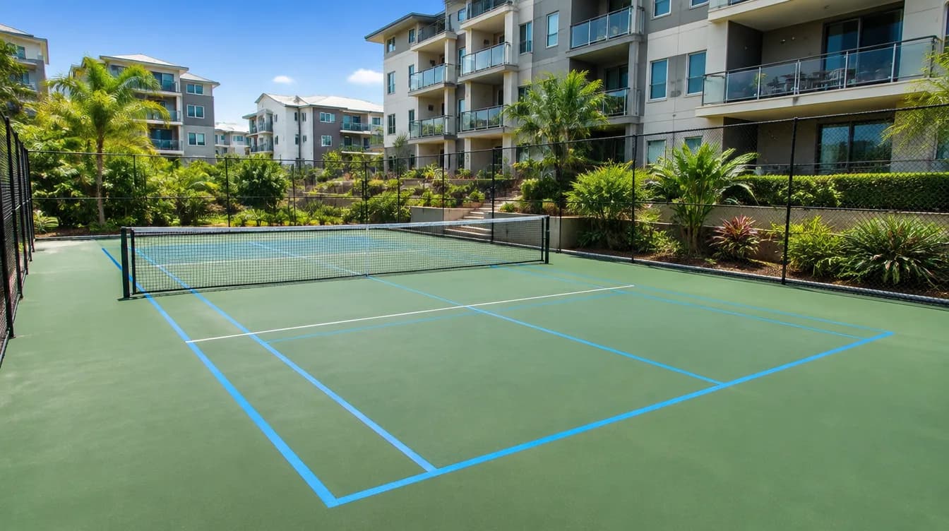 Green court beside apartment buildings marked with blue pickleball lines over white tennis lines, with a net and black fencing