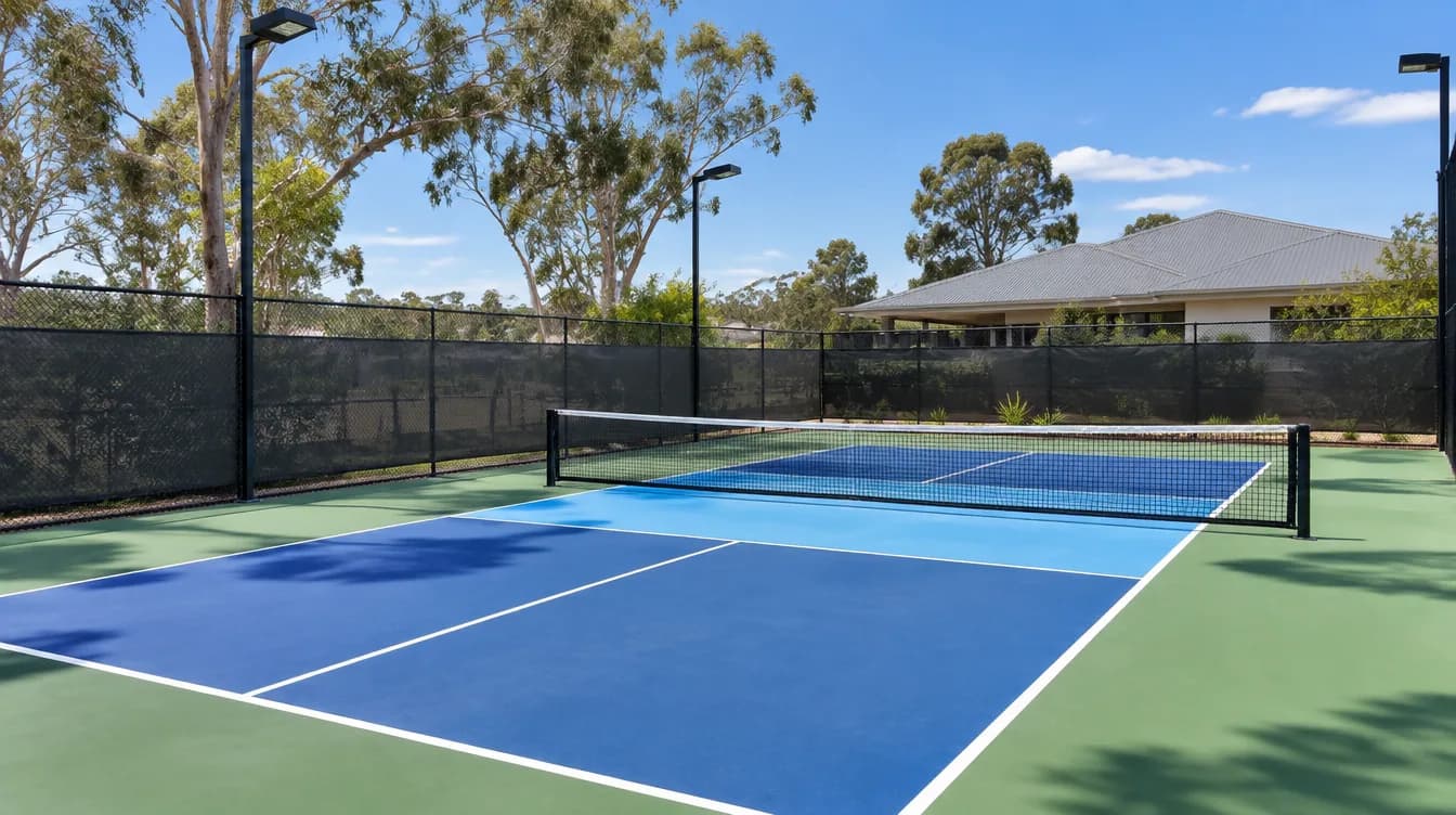 New outdoor pickleball court with a blue acrylic surface, white lines, a fence and lights