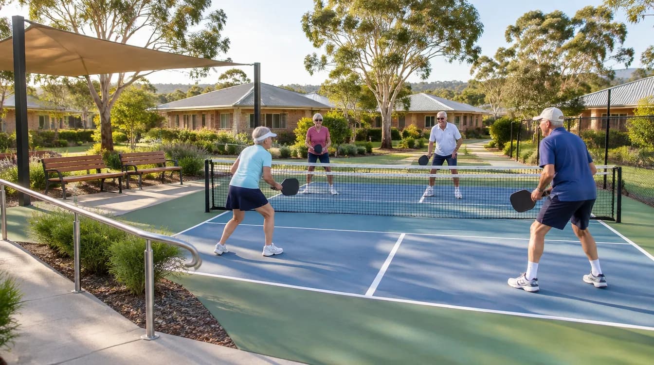Older residents playing doubles pickleball on a cushioned court with shade sail, seating and a handrail path