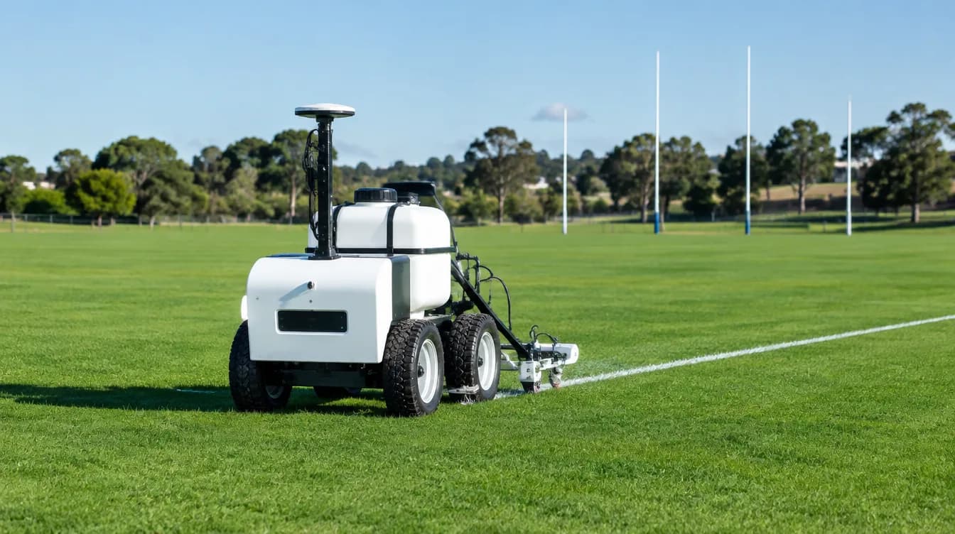 GPS robotic line marker painting a white line on a grass sports field with rugby goal posts