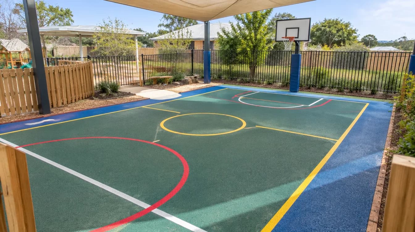 Multi-Sport Courts for Early Learning Centres Small early learning centre play court with soft coloured surface, low basketball hoop and painted play lines