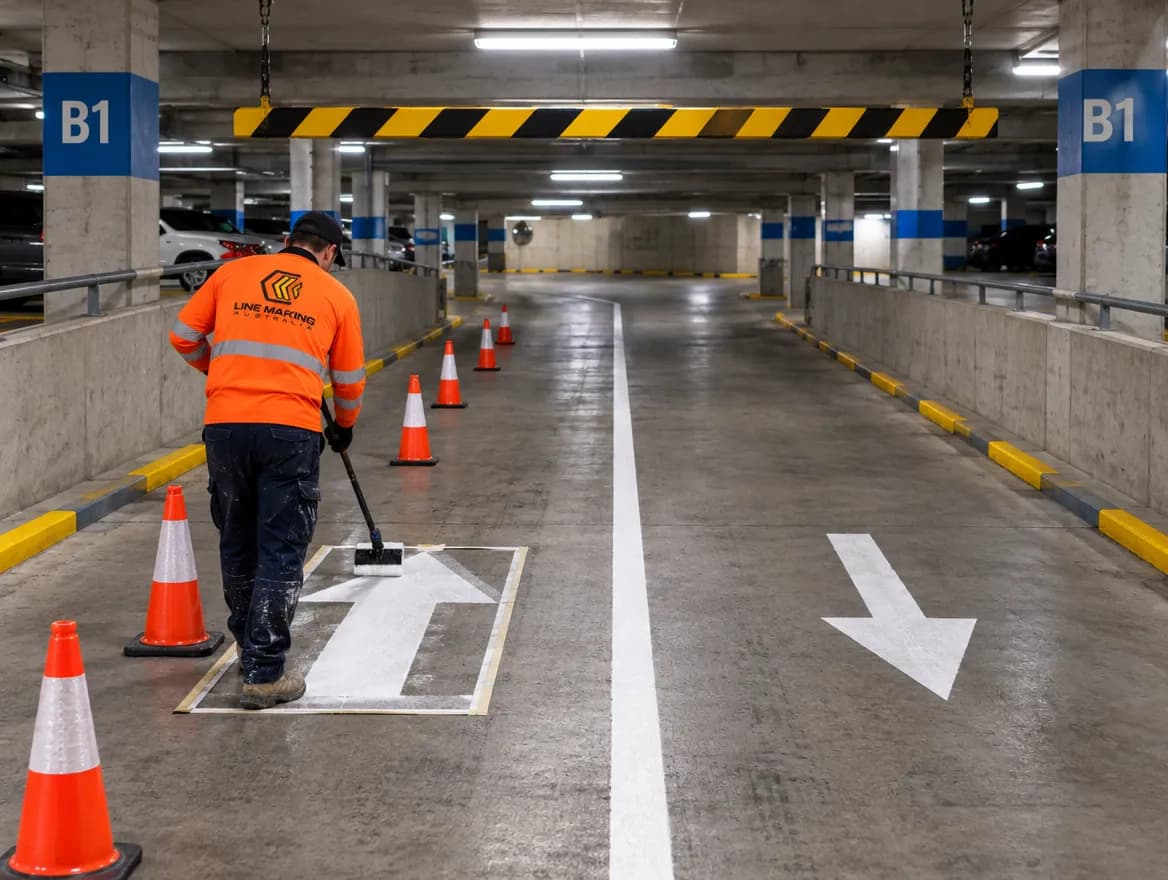 Multi-Storey Carparks Need More Than Just Bay Lines? Line marker stencilling ramp arrows below a headroom bar in a basement car park
