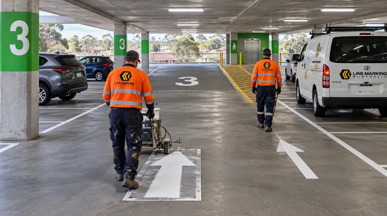 Line Marking Australia marking colour-coded level 3 zones and arrows in a multi-storey car park Line Marking Australia marking colour-coded level 3 zones and arrows in a multi-storey car park