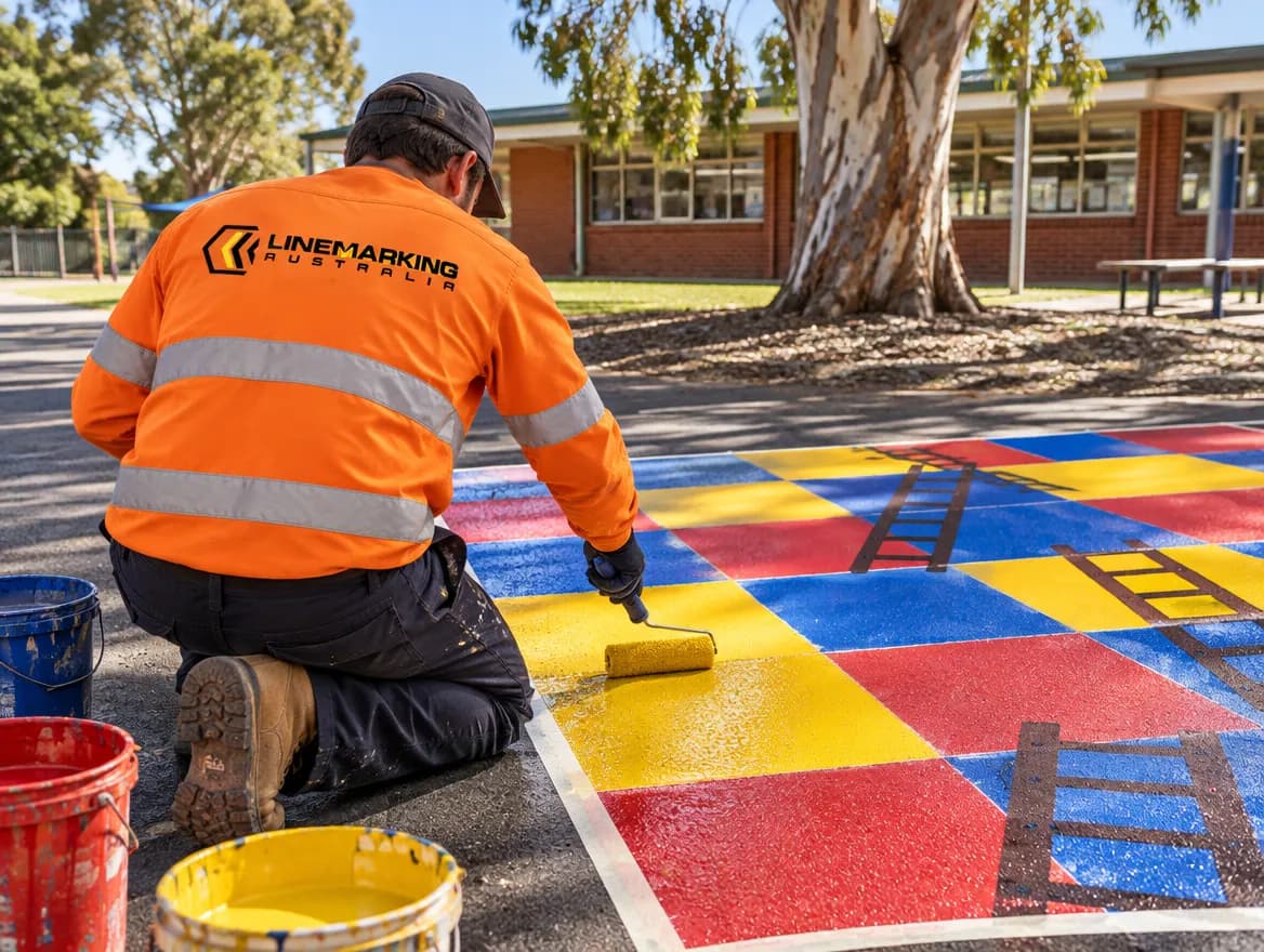 Playground Line Marking Rolling slip-resistant paint on a snakes and ladders style playground game